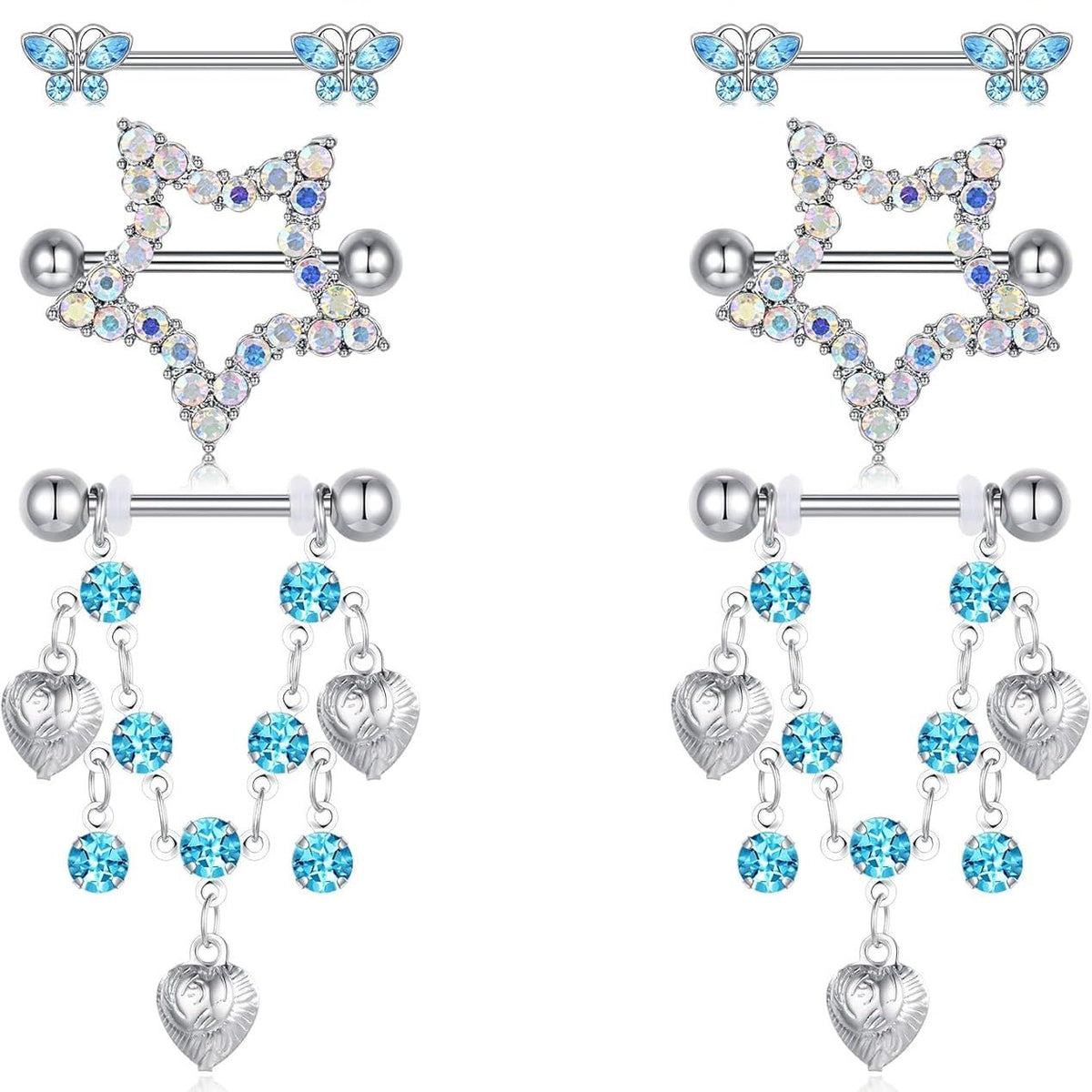 5 Pairs 14G Nipple Rings Stainless Steel Heart Butterfly Bow Opal Flower CZ Stud Barbell Set Cute Nipplerings Shields Piercing Jewelry for Women Pink Blue Red Tone Body Jewelry - QIAO CrystalQIAO CrystalQIAO Crystal