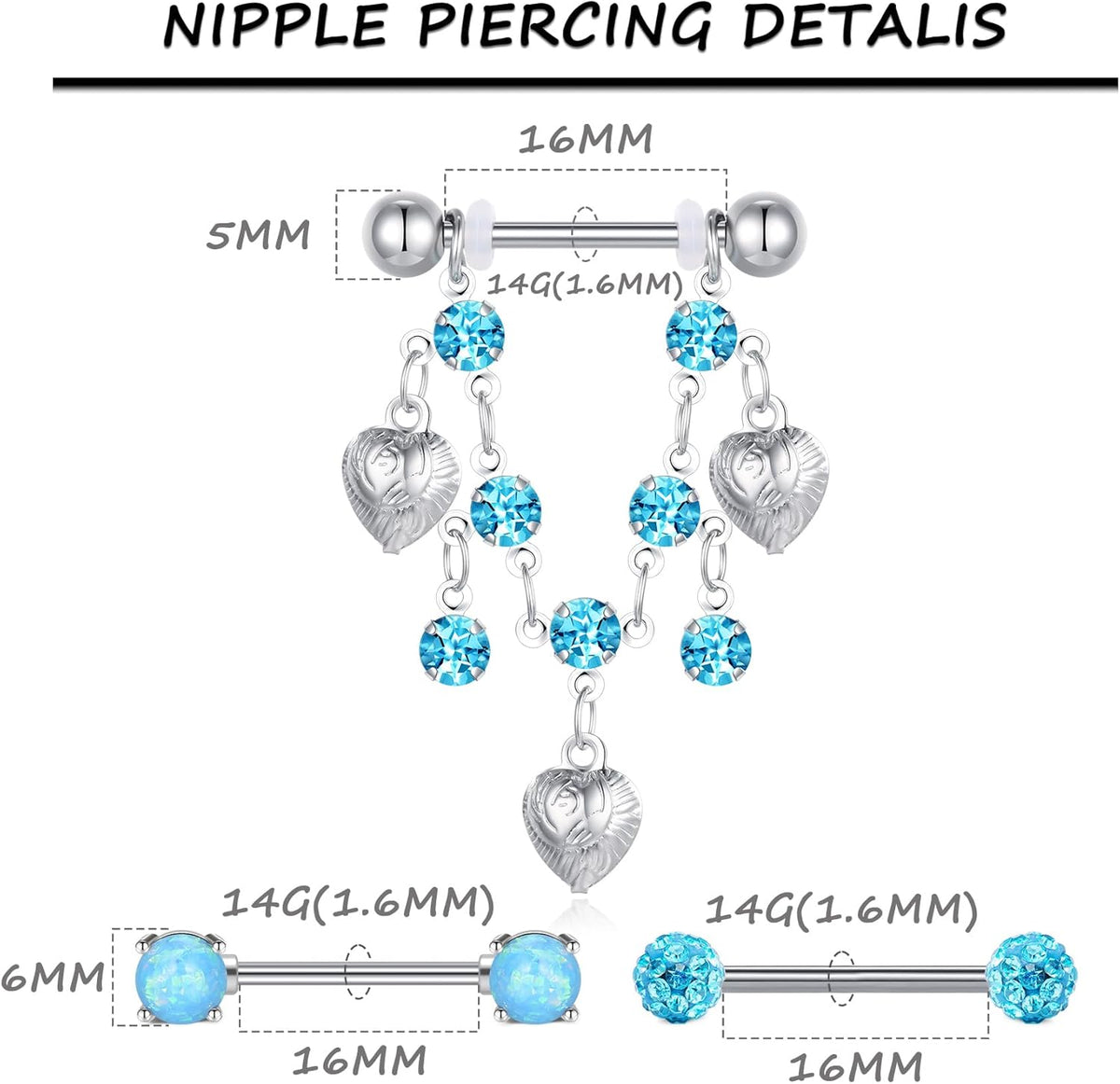 5 Pairs 14G Nipple Rings Stainless Steel Heart Butterfly Bow Opal Flower CZ Stud Barbell Set Cute Nipplerings Shields Piercing Jewelry for Women Pink Blue Red Tone Body Jewelry - QIAO CrystalQIAO CrystalQIAO Crystal