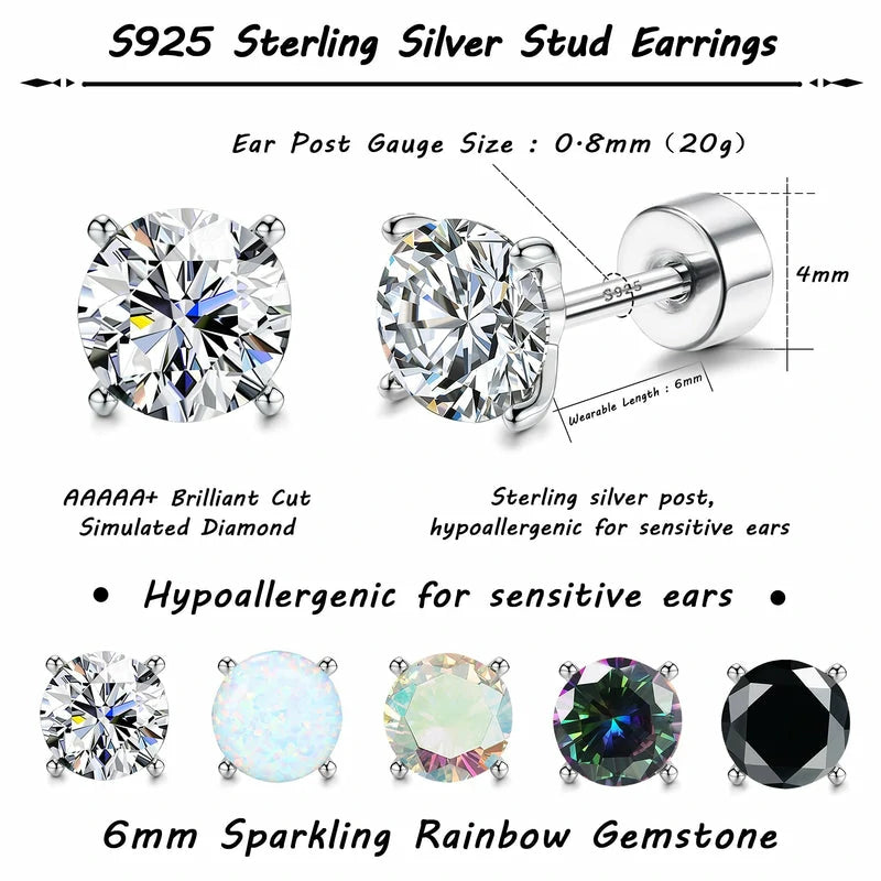 5 Pairs 925 Sterling Silver Stud Earrings 20G Flat Back Earrings