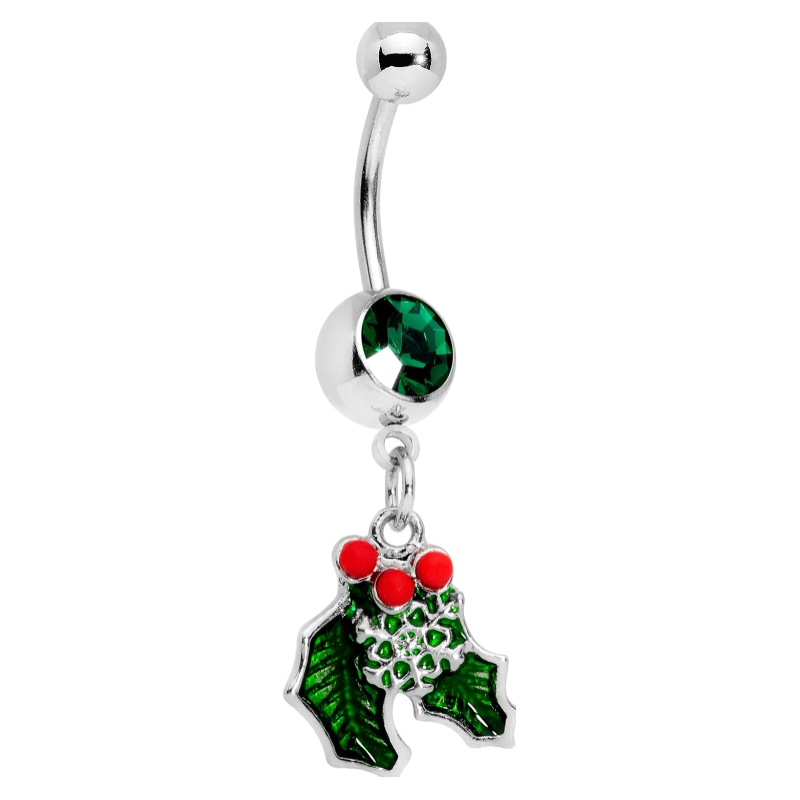 14G 12mm 316L Steel Navel Ring Green Winter Snow Christmas Mistletoe Belly Button Ring