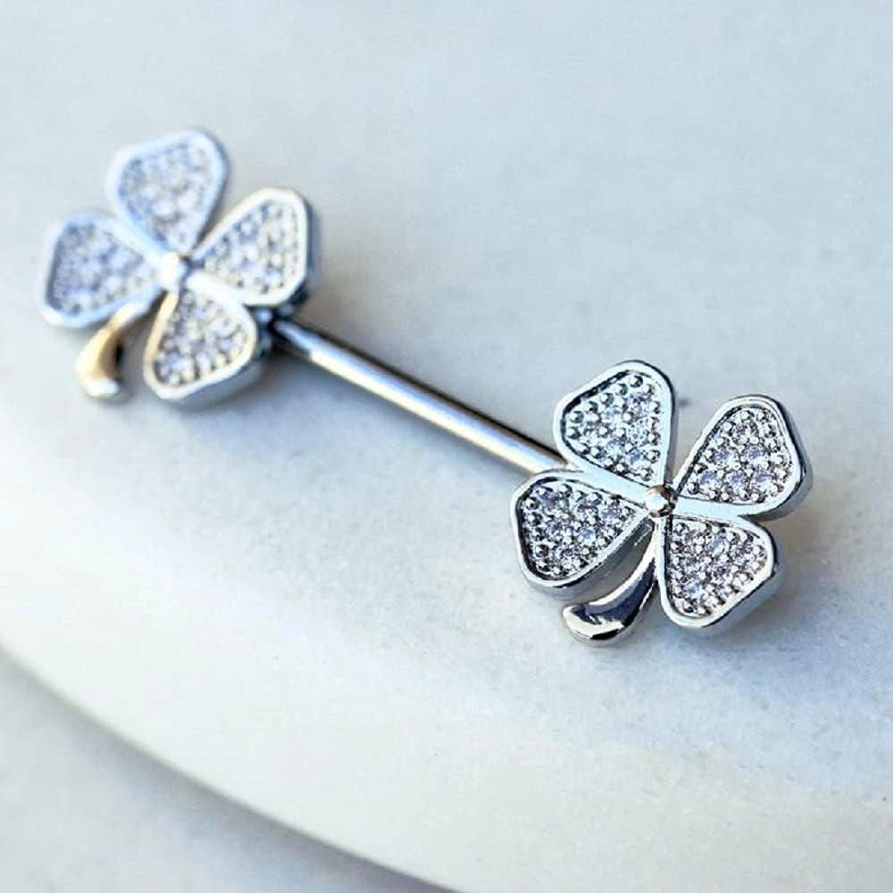 14GA Gold Plated 316L Stainless Steel Green Clover Ends Nipple Barbells