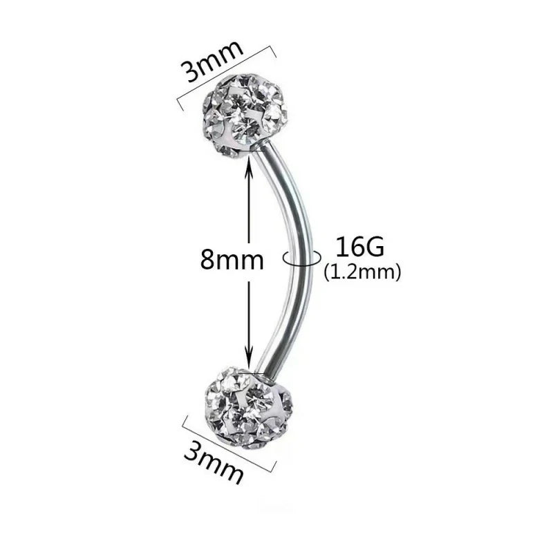 5PCS 16G Crystal Ferido Ball Curved Barbell Eyebrow Ear Ring Body Piercing Jewelry