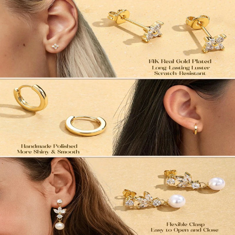 5Pairs 925 Sterling Silver Earrings 14K Gold Plated Stud Huggie Hoop Earrings Sets