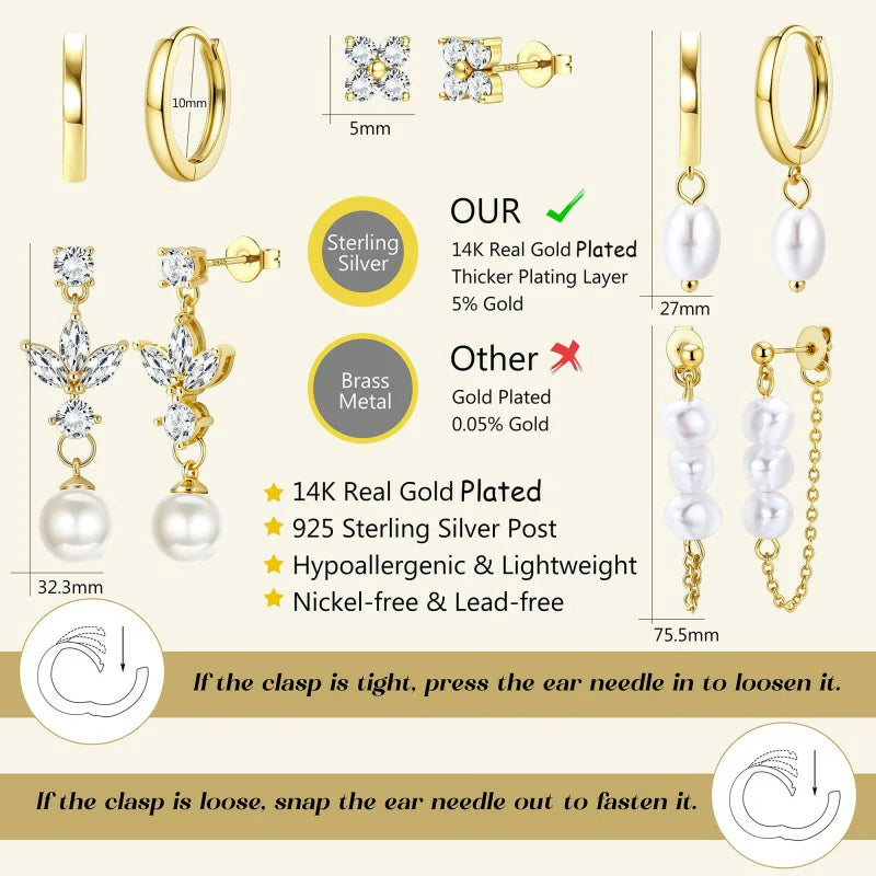 5Pairs 925 Sterling Silver Earrings 14K Gold Plated Stud Huggie Hoop Earrings Sets