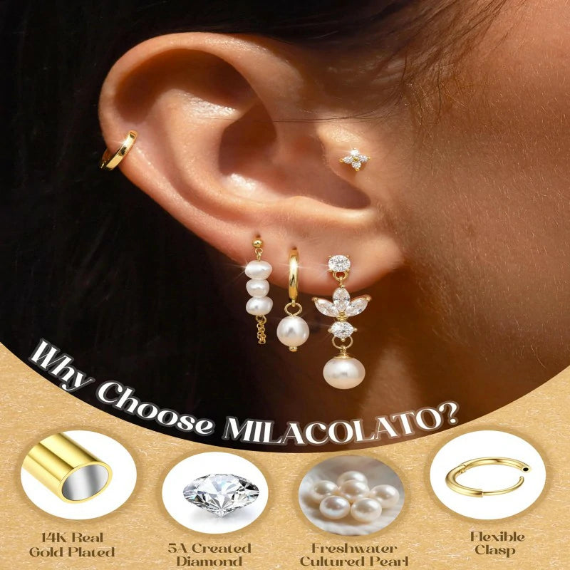 5Pairs 925 Sterling Silver Earrings 14K Gold Plated Stud Huggie Hoop Earrings Sets