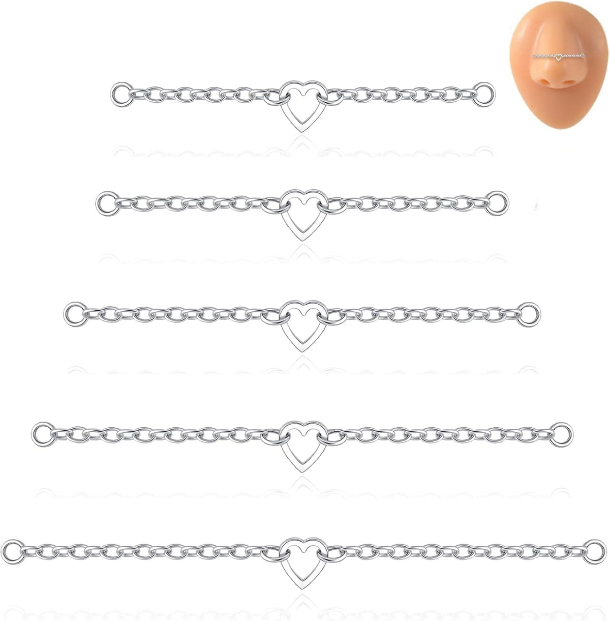 5Pcs Nose Chain Piercing Stainless Steel Across Top Nose Rings Chain Heart Double Nostril - QIAO CrystalQIAO CrystalQIAO Crystal
