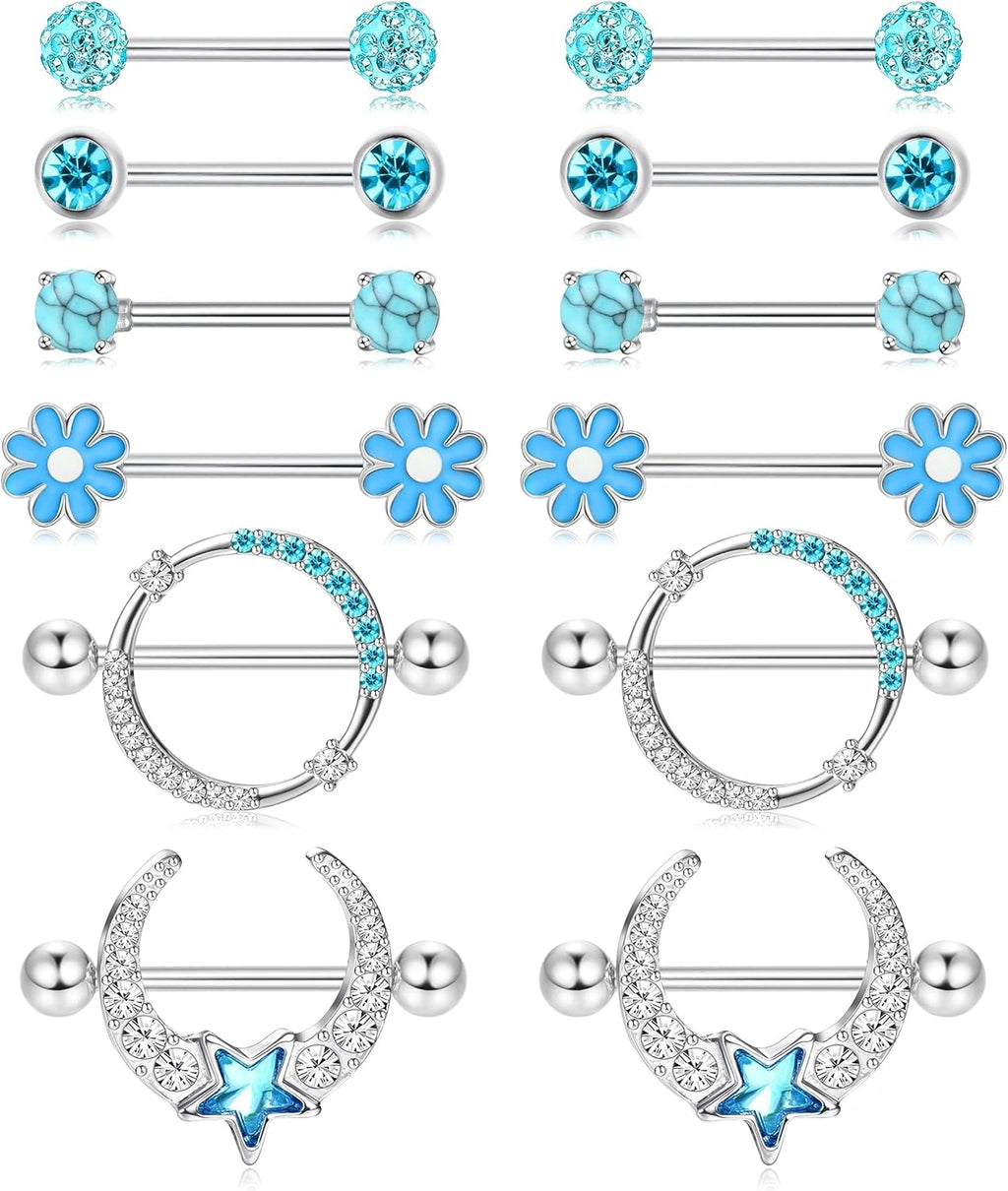 6 pairs 14G nipple rings set in blue  stainless steel