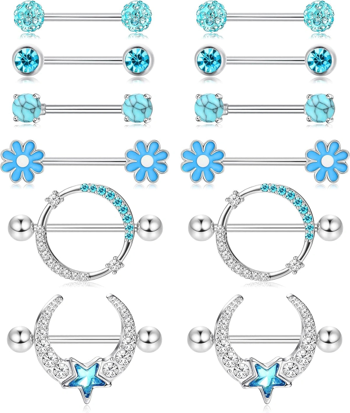 6 pairs 14G nipple rings set in blue  stainless steel