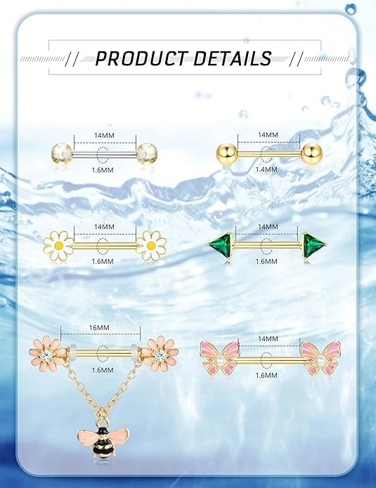 14G nipple rings barbell thickness and length size detail