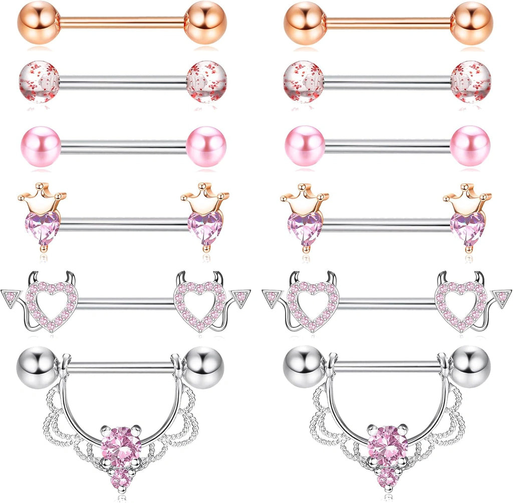 6 pairs 14G nipple rings set in pink 316L stainless steel