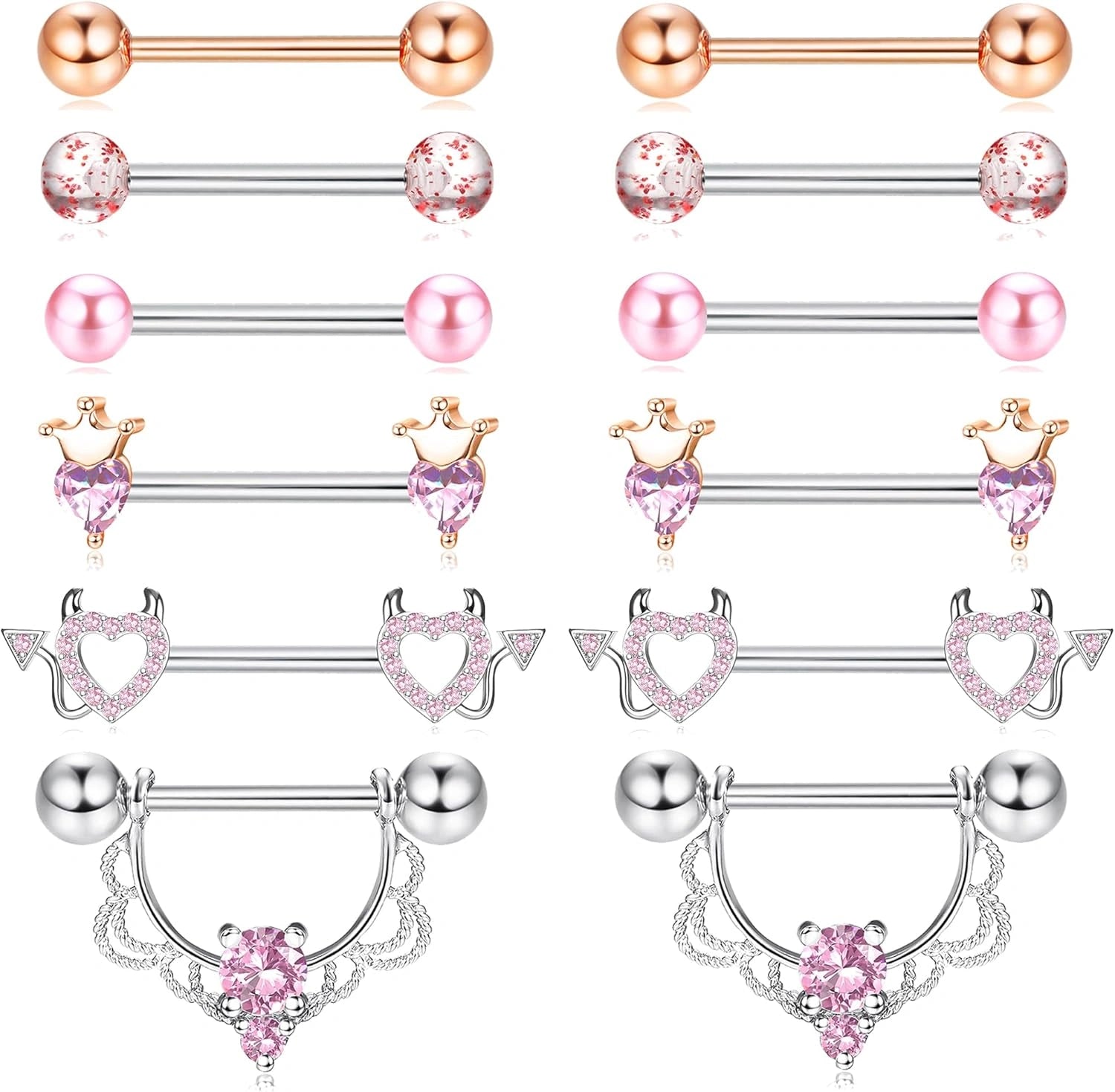 6 pairs 14G nipple rings set in pink 316L stainless steel