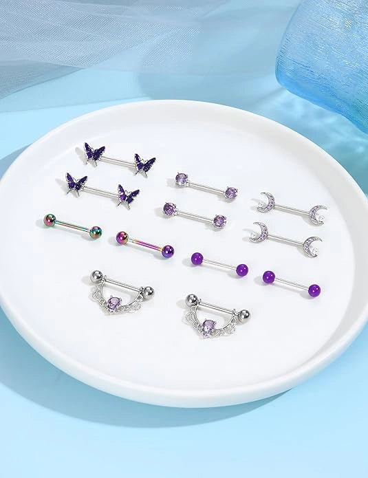 Purple 14G CZ nipple rings barbell jewelry macro view