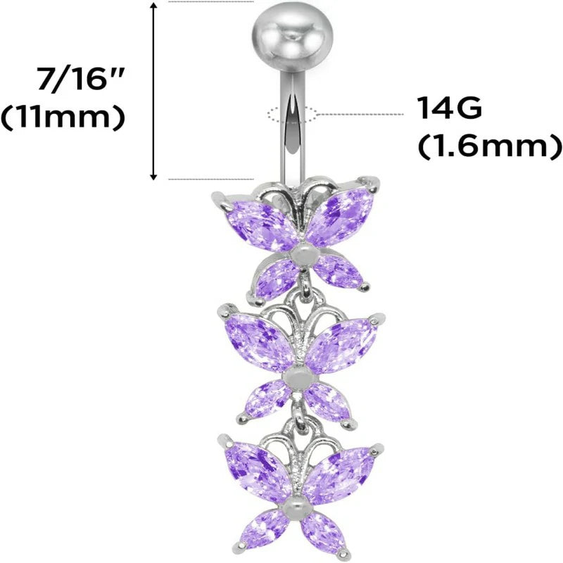 14G Initial  Anodized Silver 316L 3 Butterflies Dangle Belly Ring with CZ Stones