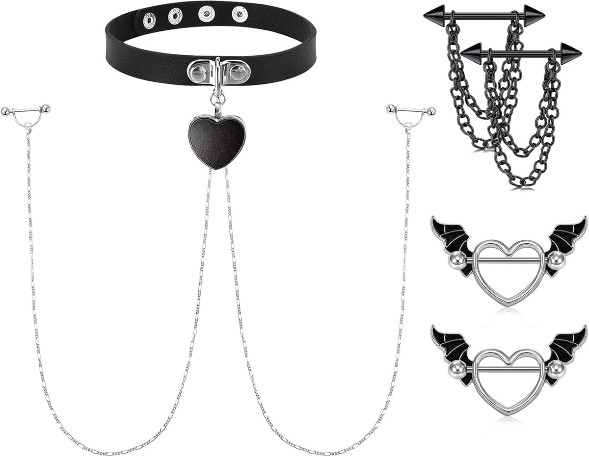 Nipple Ring with Choker Necklaces Stainless Steel Nipple Rings Chain Heart Cat Head Punk