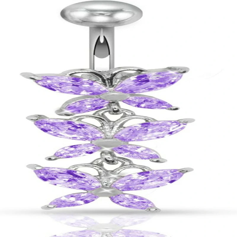 14G Initial  Anodized Silver 316L 3 Butterflies Dangle Belly Ring with CZ Stones
