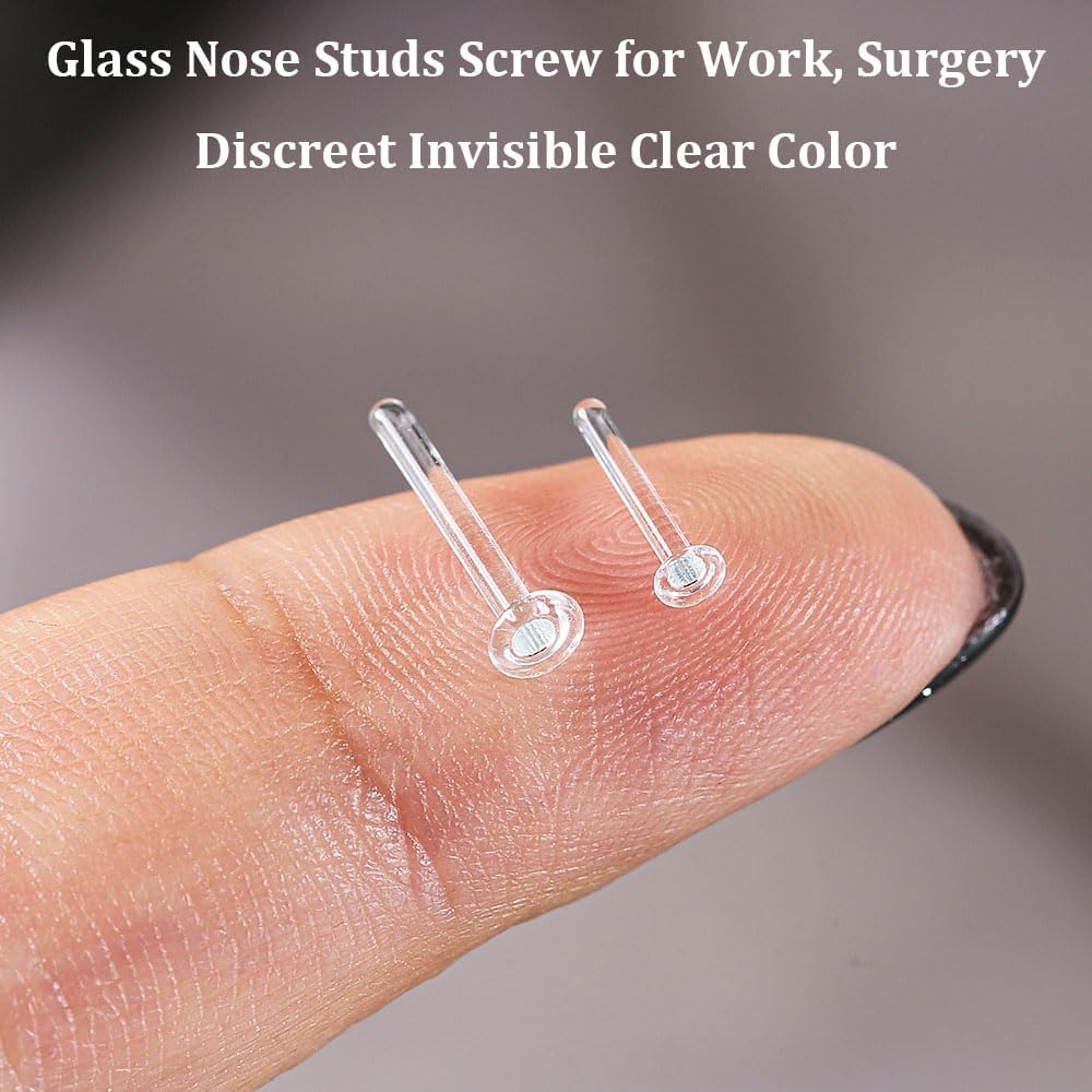 10Pcs Glass Clear Nose Studs for Work,Surgery, 18g/16g Glass Nose Piercing Retainer for Sport, MRIs, CT, Hypoallergenic Flat Top Invisible Nose Rings Studs