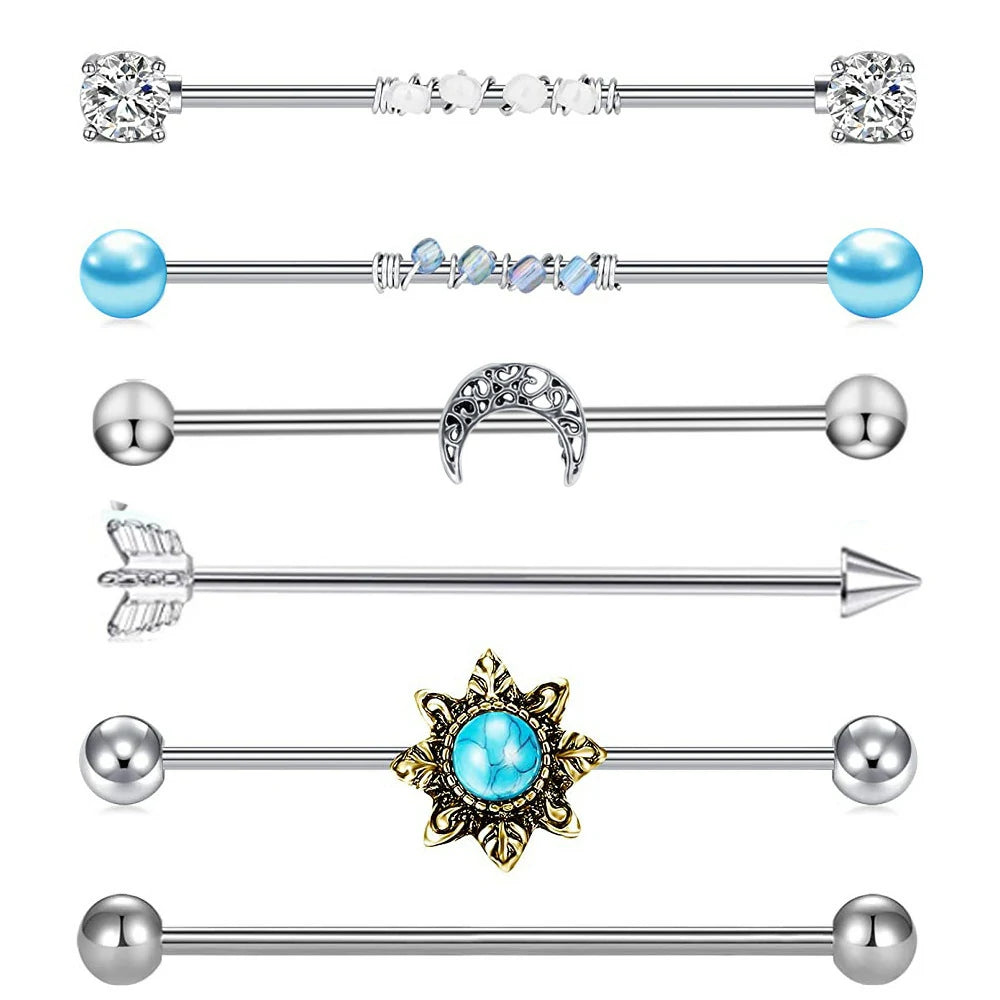 6PCS 14G Stainless Steel & Clear Acrylic Industrial Barbell Cartilage Earring