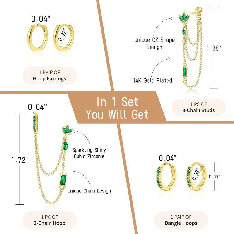 6PCS Earring Stacks Cartilage Chain Helix Piercing Sets Flat Back Multiple Piercing Dangle Huggie Hoop