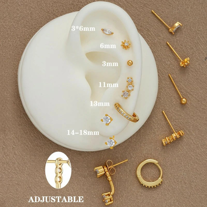 6 Pairs 14K Gold Plated Stud Hypoallergenic Cartilage Earrings for Multiple Piercing