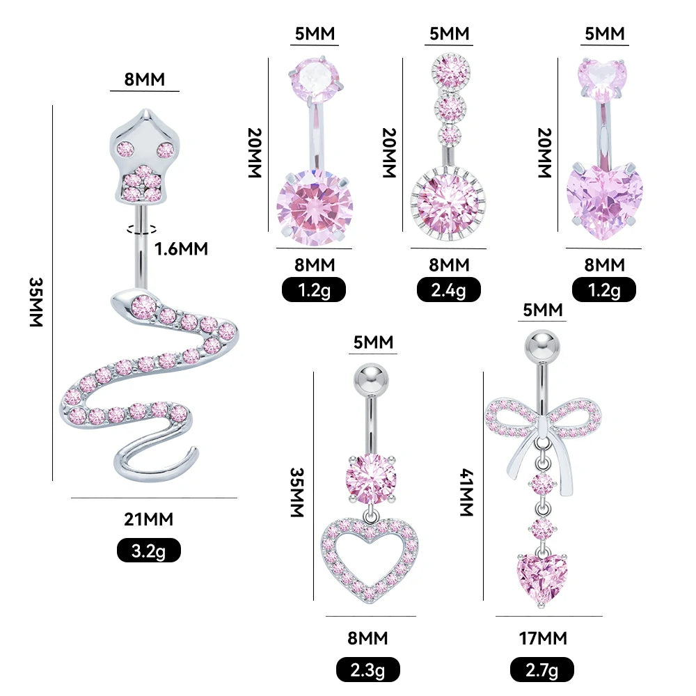 6 Pcs 14G Dangle Belly Button Rings Surgical Steel Silver and Rose Gold CZ Piercing Jewelry