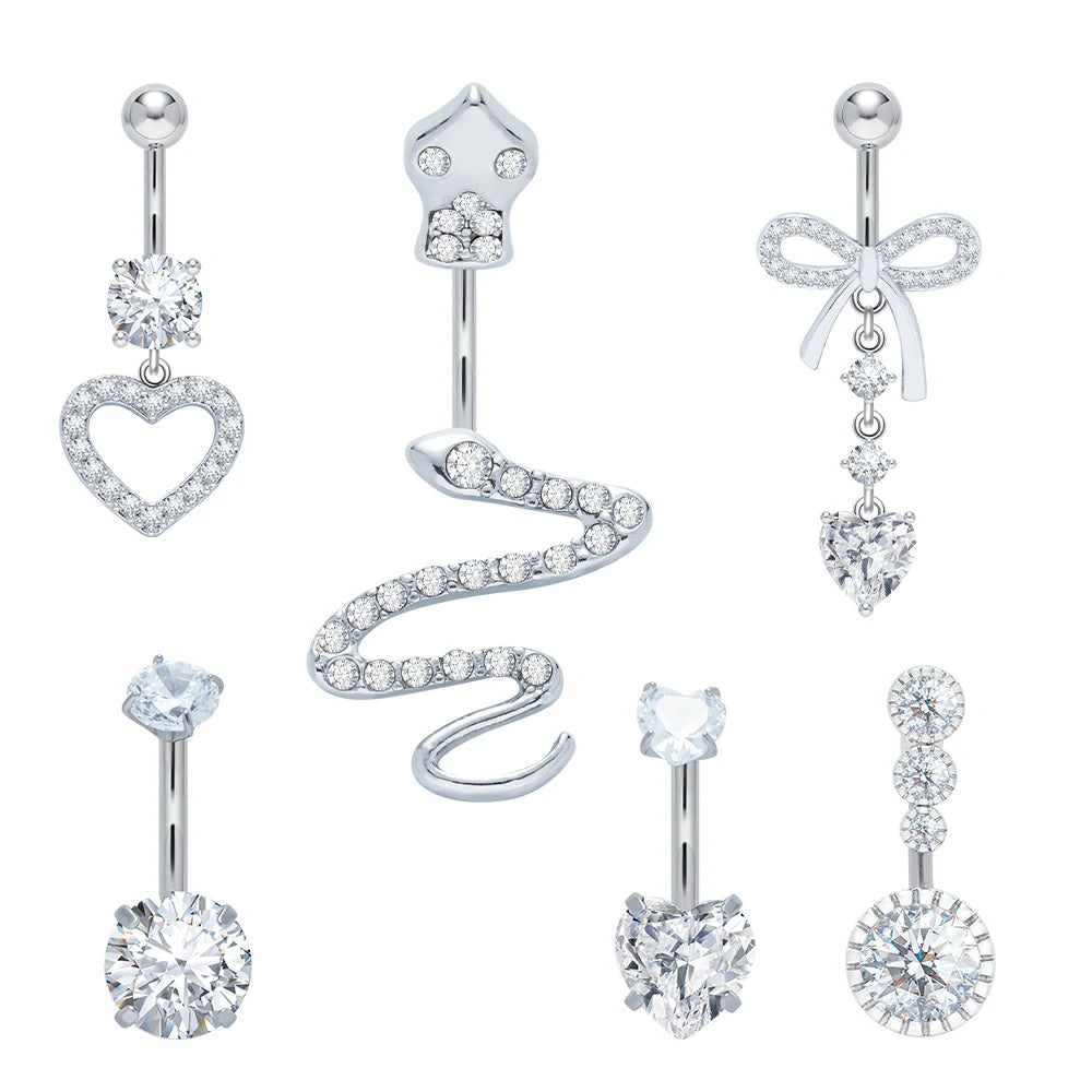 6 Pcs 14G Dangle Belly Button Rings Surgical Steel Silver and Rose Gold CZ Piercing Jewelry