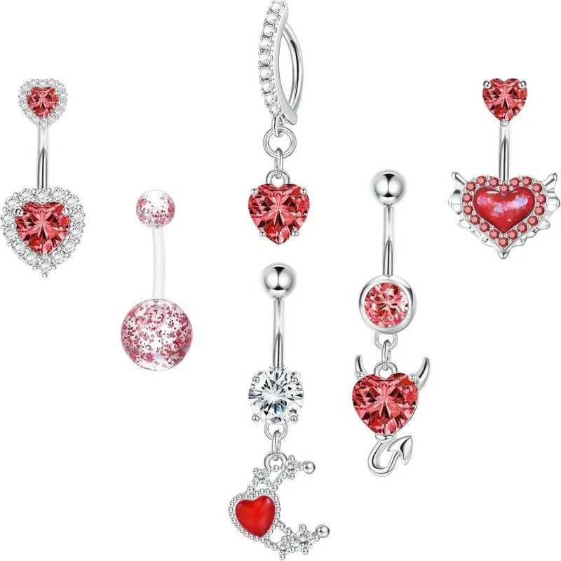 6pc Belly Ring Hypoallergenic Steel 14G Dangle Navel Piercing Heart CZ Stones Silver Pink  Blue Red