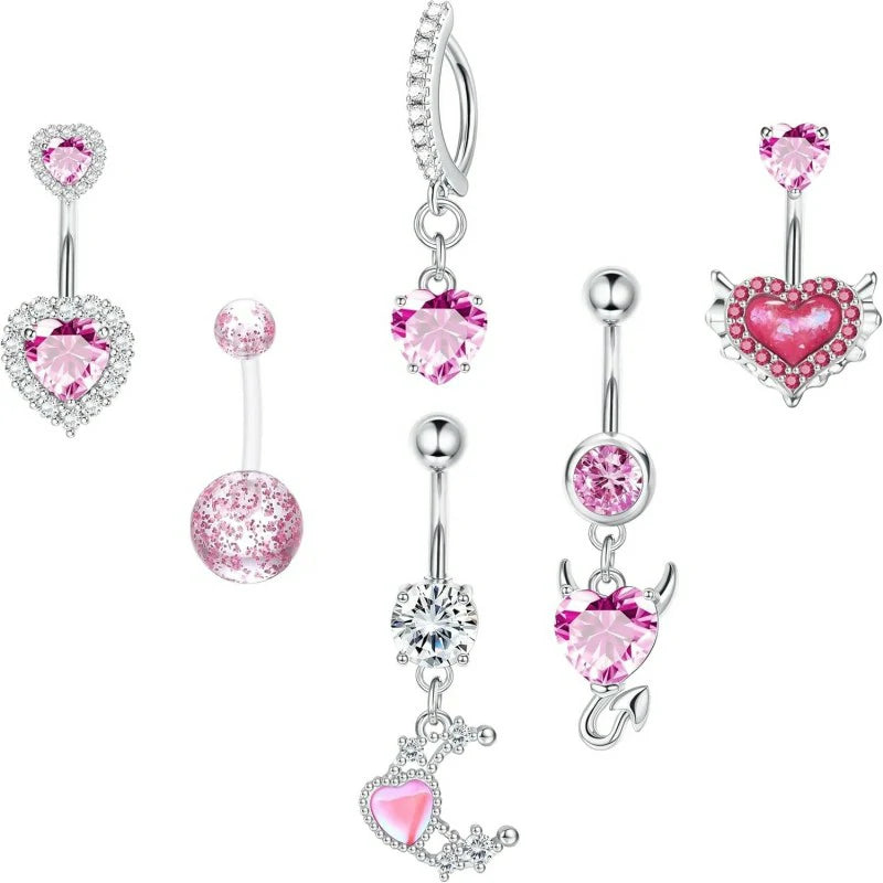 6pc Belly Ring Hypoallergenic Steel 14G Dangle Navel Piercing Heart CZ Stones Silver Pink  Blue Red