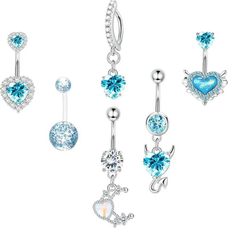 6pc Belly Ring Hypoallergenic Steel 14G Dangle Navel Piercing Heart CZ Stones Silver Pink  Blue Red