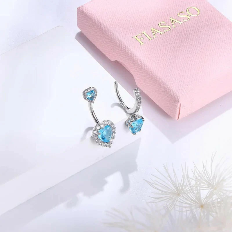 6pc Belly Ring Hypoallergenic Steel 14G Dangle Navel Piercing Heart CZ Stones Silver Pink  Blue Red