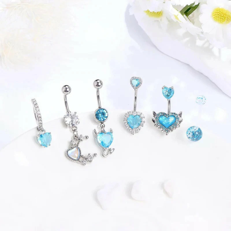 6pc Belly Ring Hypoallergenic Steel 14G Dangle Navel Piercing Heart CZ Stones Silver Pink  Blue Red