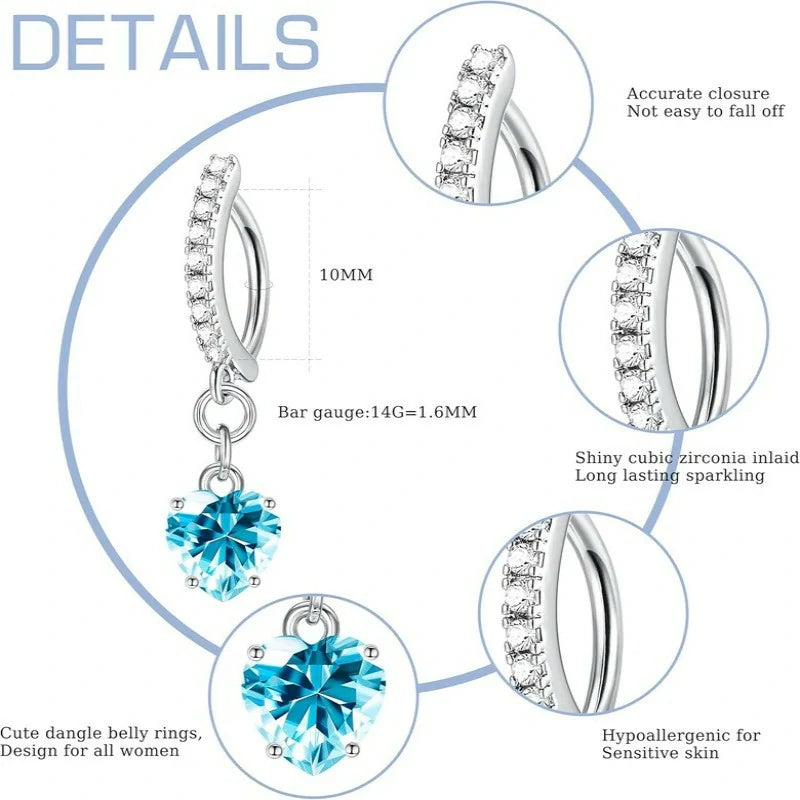 6pc Belly Ring Hypoallergenic Steel 14G Dangle Navel Piercing Heart CZ Stones Silver Pink  Blue Red