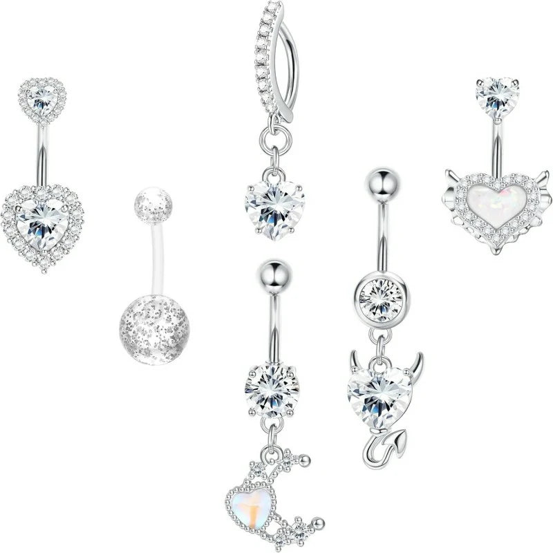 6pc Belly Ring Hypoallergenic Steel 14G Dangle Navel Piercing Heart CZ Stones Silver Pink  Blue Red