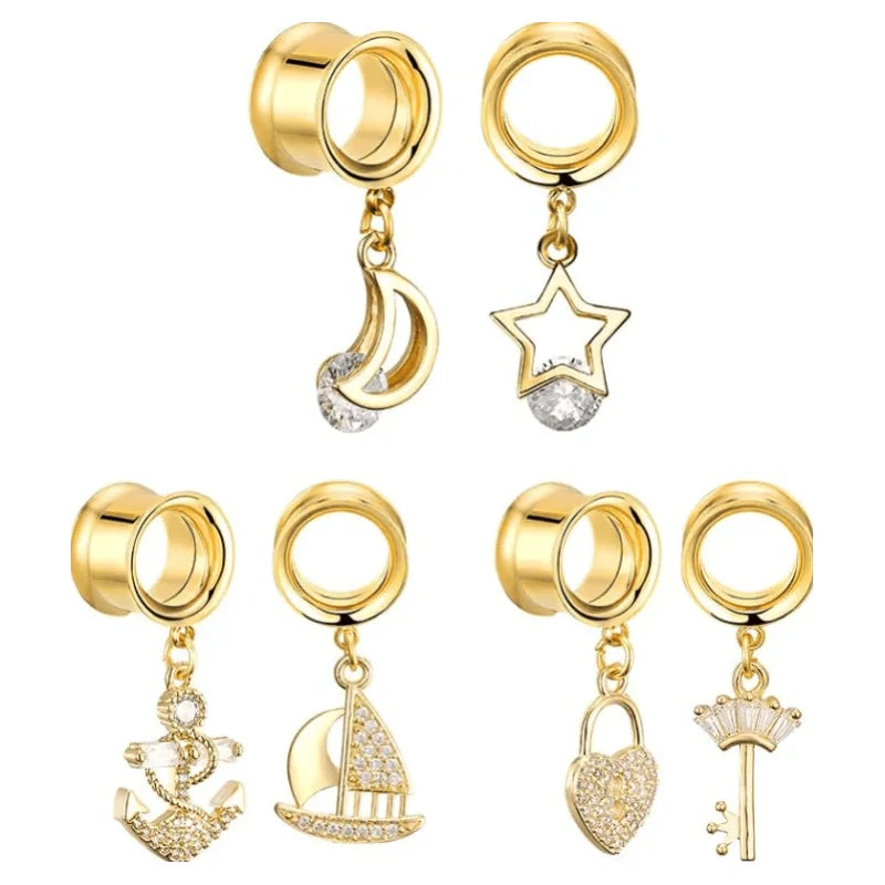 6PCS Gold Crystal Large Dangle Ear Gauges Tunnels Plug Set
