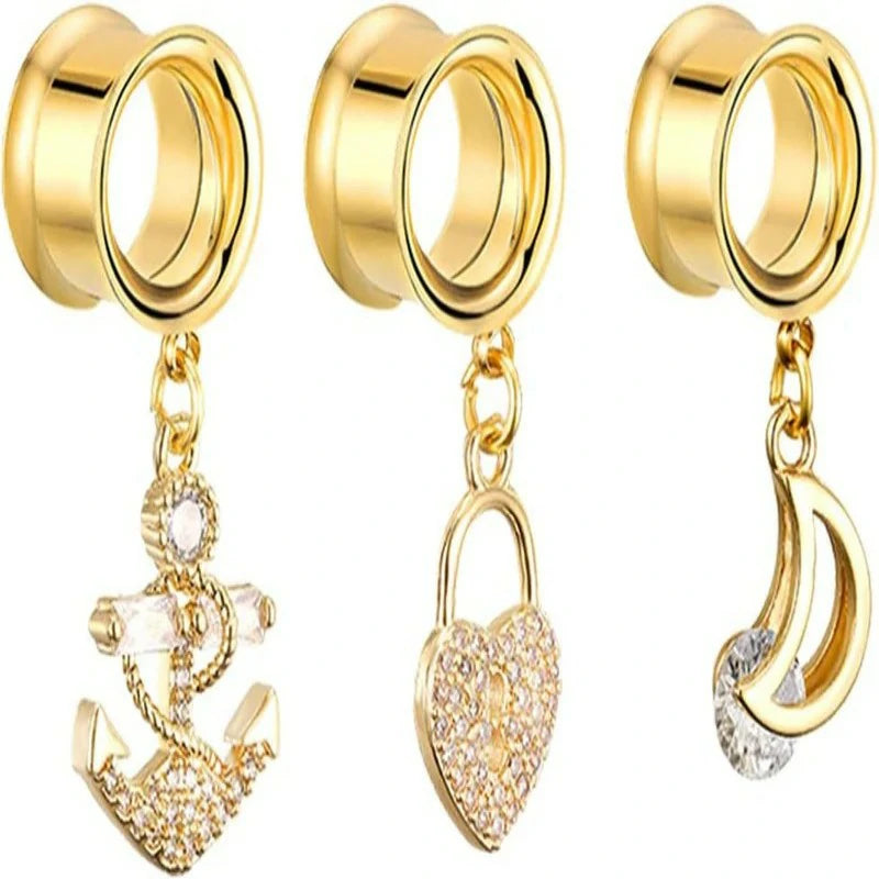 6PCS Gold Crystal Large Dangle Ear Gauges Tunnels Plug Set