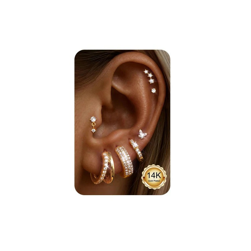 7Pairs Surgical Steel Small Chunky Huggie Hoops & Flat Back Stud Earrings Set Silver Cartilage