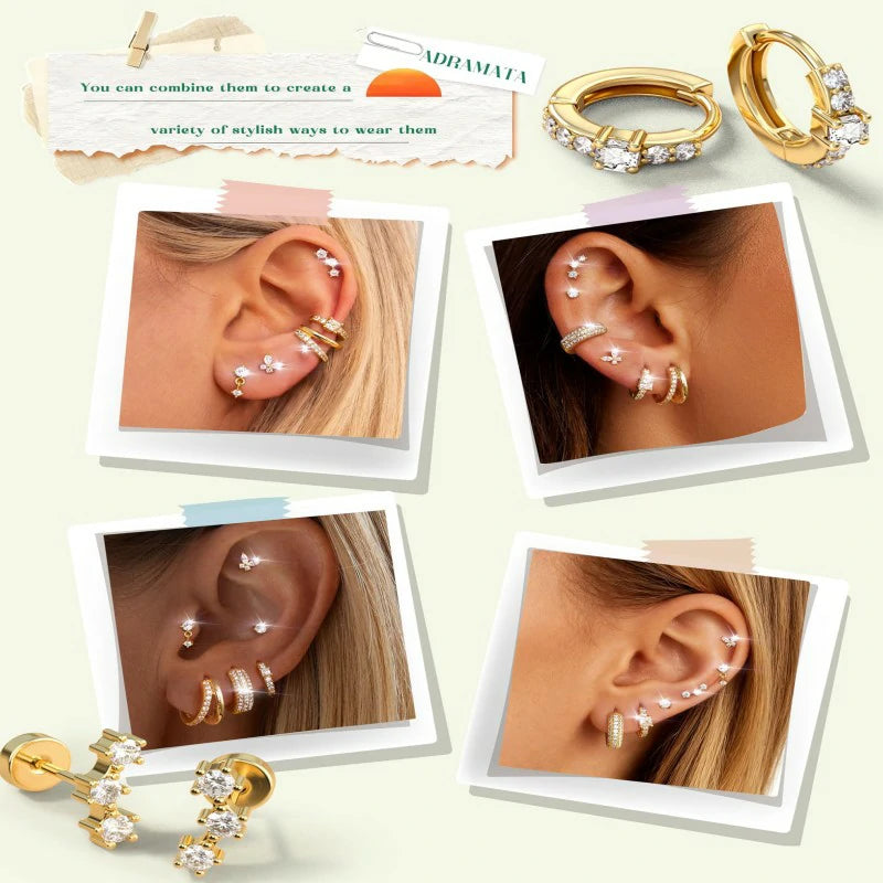 7Pairs Surgical Steel Small Chunky Huggie Hoops & Flat Back Stud Earrings Set Silver Cartilage