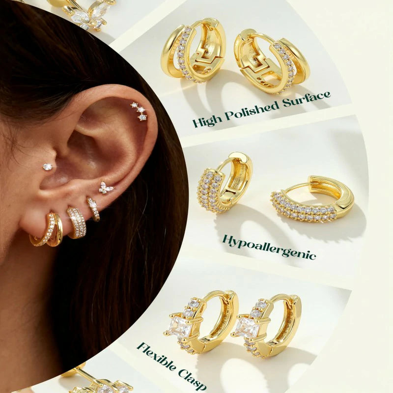 7Pairs Surgical Steel Small Chunky Huggie Hoops & Flat Back Stud Earrings Set Silver Cartilage