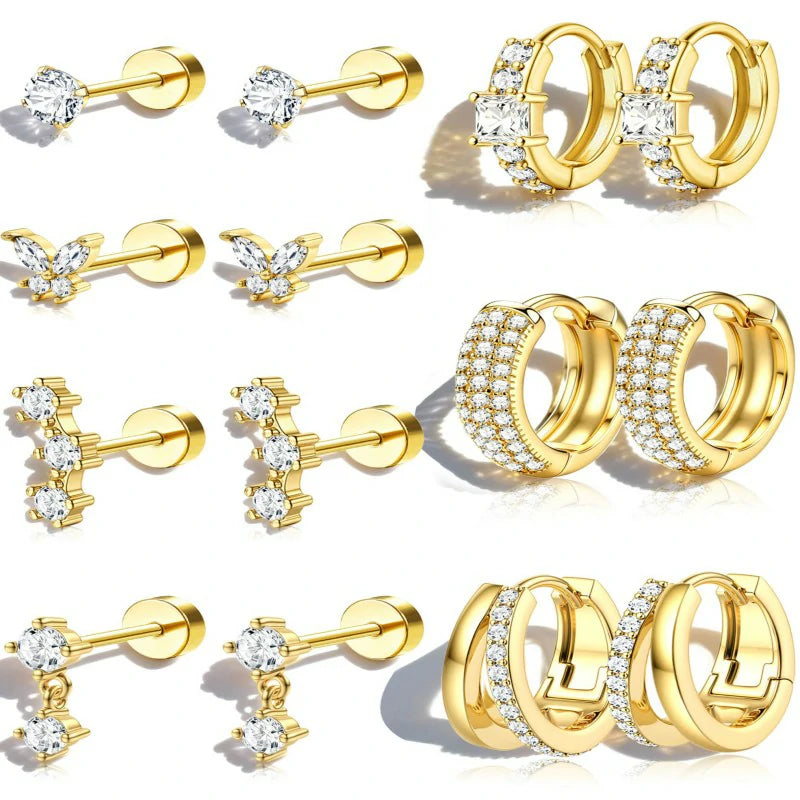 7Pairs Surgical Steel Small Chunky Huggie Hoops & Flat Back Stud Earrings Set Silver Cartilage