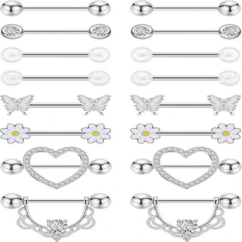 8 Pairs 14G Surgical Steel Nipple Rings Heart Butterfly Flower CZ Barbell Piercing Jewelry