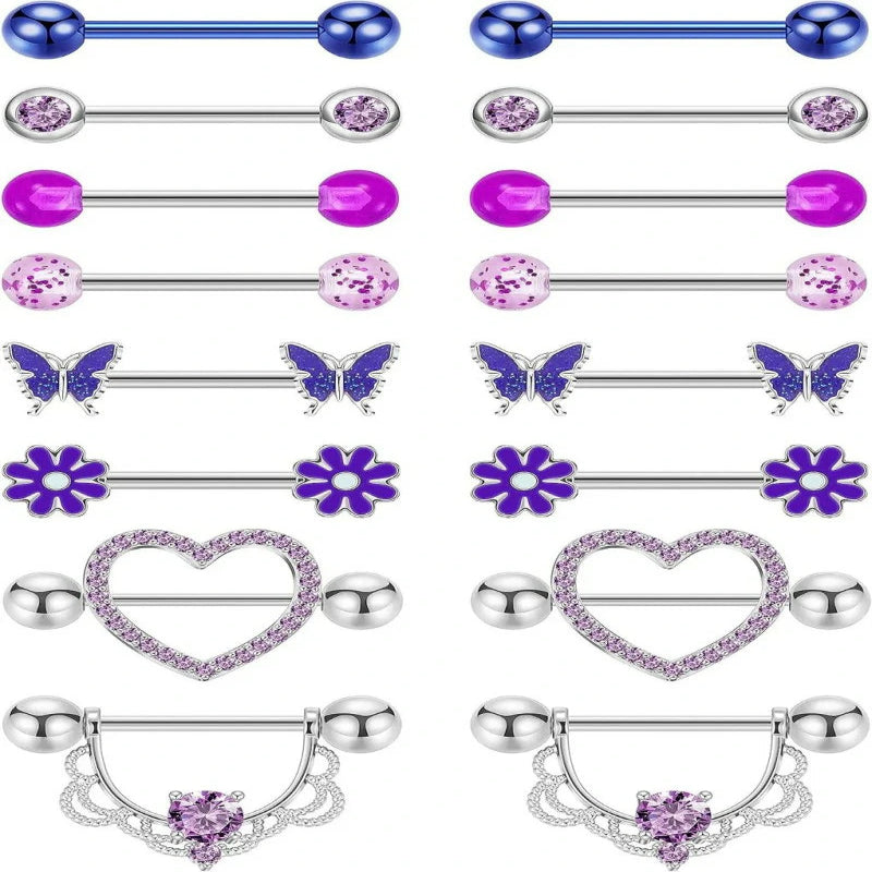 8 Pairs 14G Surgical Steel Nipple Rings Heart Butterfly Flower CZ Barbell Piercing Jewelry