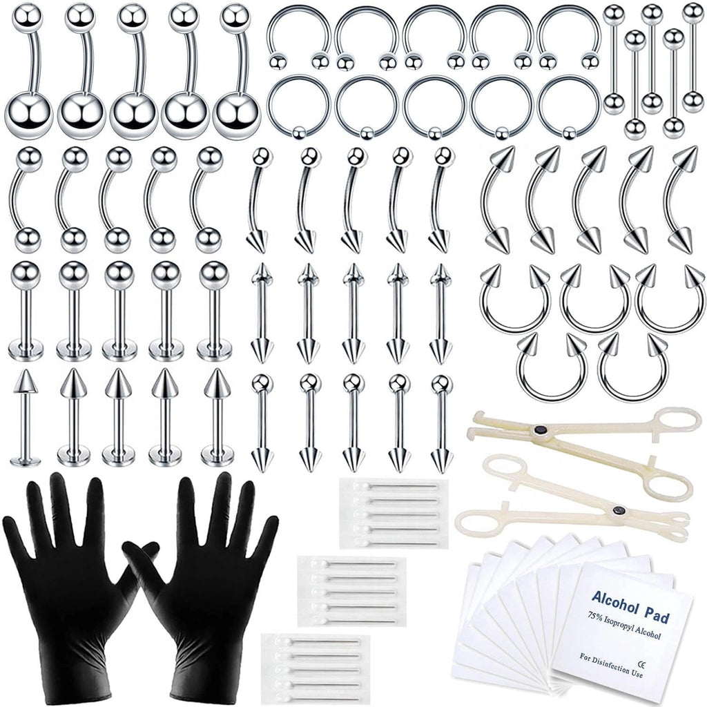 84PCS Body Septum Piercing Kit 14G 16G Tools for Nose Tongue Lip Ear Eyebrow Belly Button Cartilage Tragus Industrial Barbell Helix Daith Piercing Jewelry Clamps