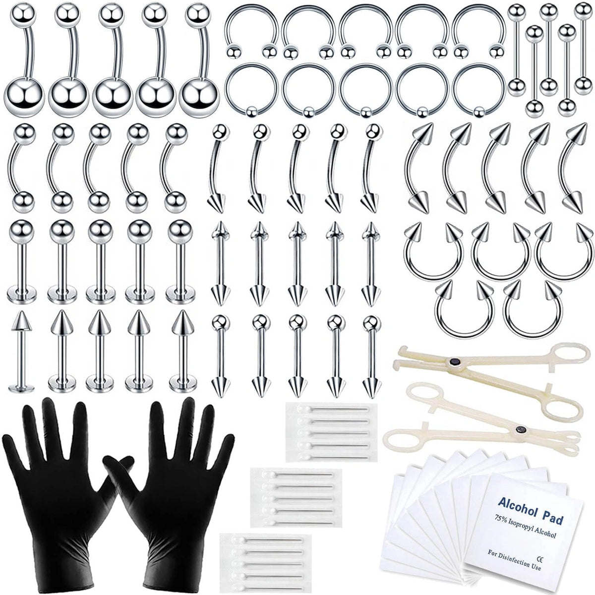84PCS Body Septum Piercing Kit 14G 16G Tools for Nose Tongue Lip Ear Eyebrow Belly Button Cartilage Tragus Industrial Barbell Helix Daith Piercing Jewelry Clamps