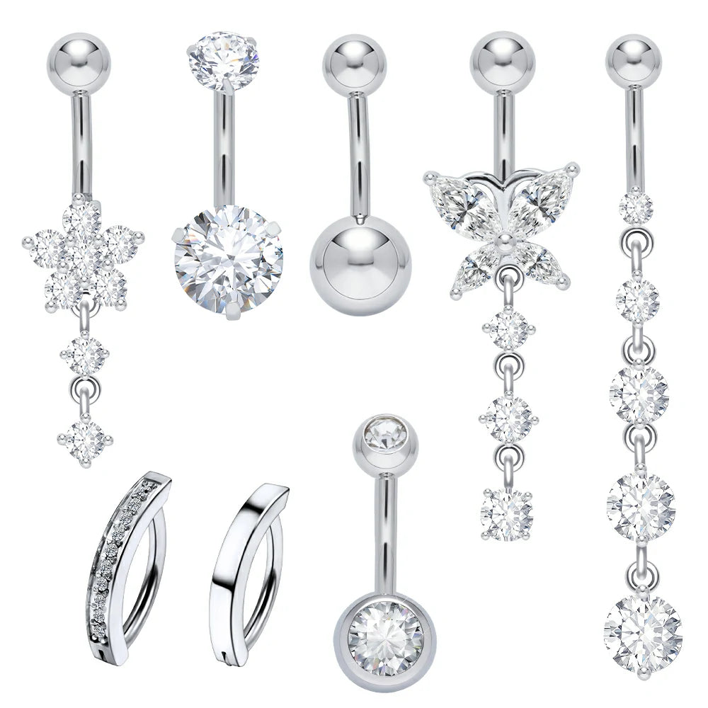 8 Pcs Cute CZ Heart Butterfly Bow Flower Navel 14G Silver Stainless Dangly Dangling Belly Button Piercing