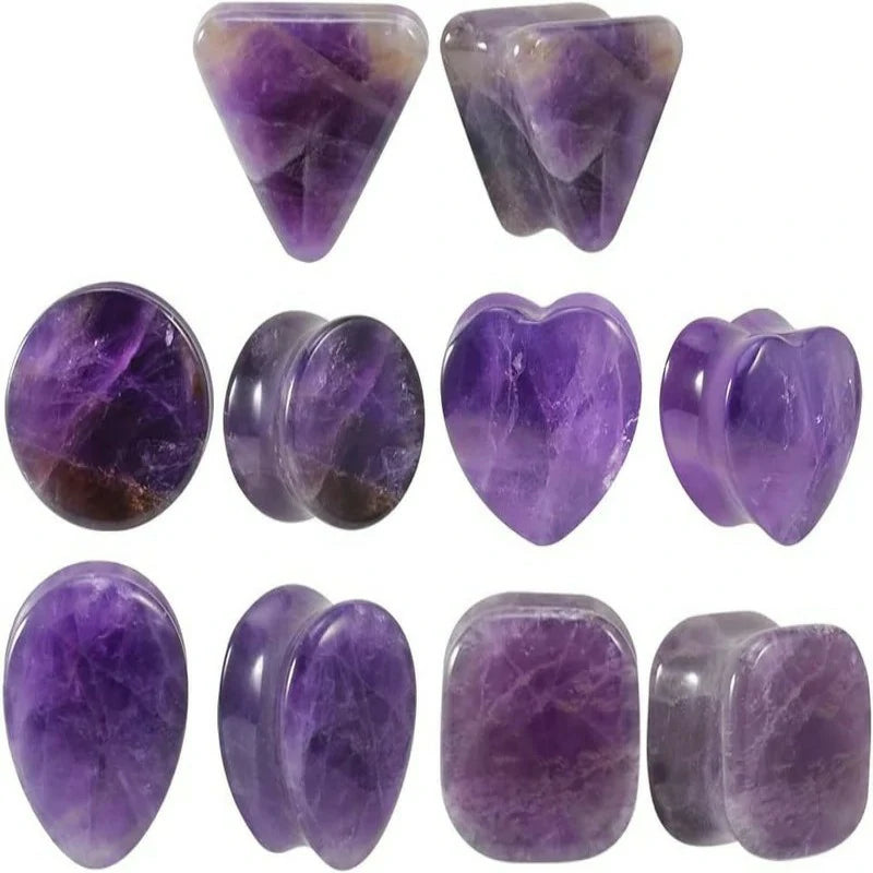 10PCS 8mm-16mm Organic Stone Amethyst Tunnels Double Flared Saddle Ear Gauges Plugs