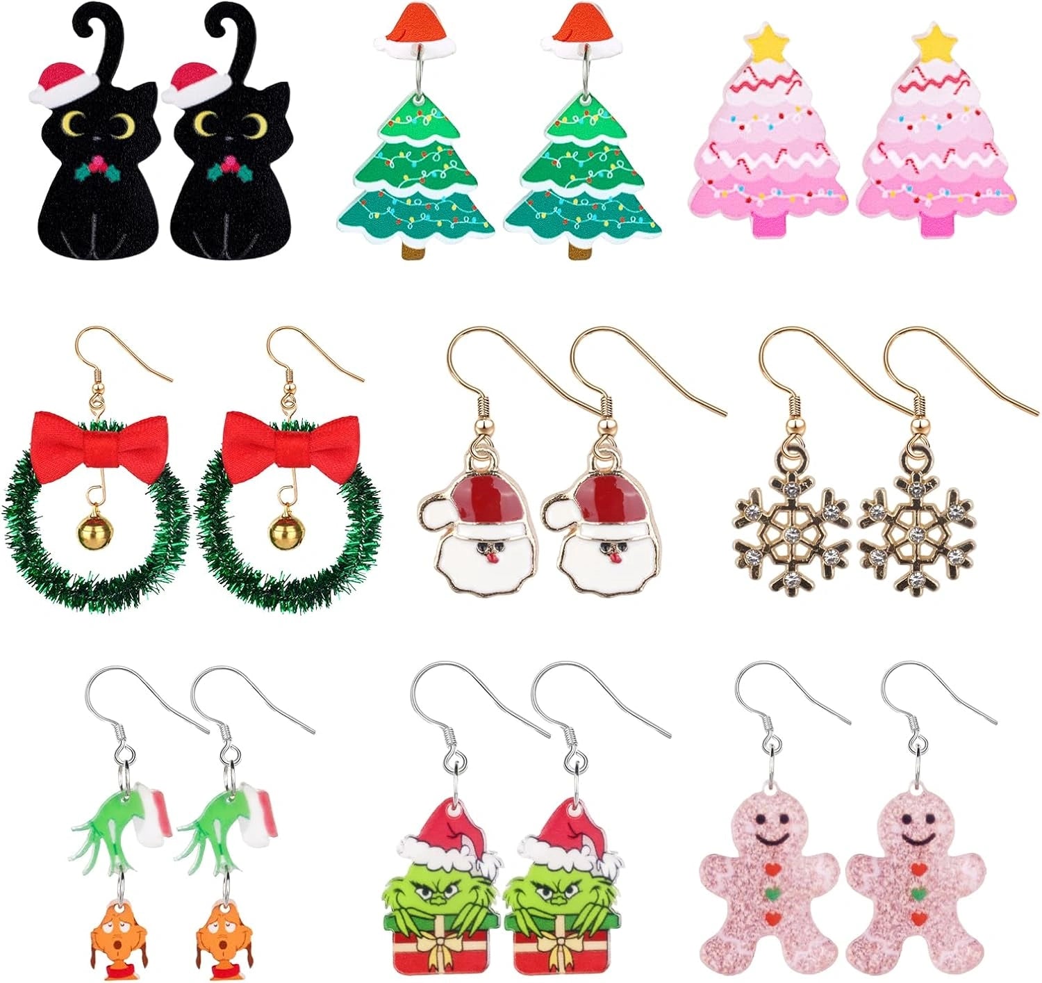 Set of 9 festive Christmas earring pairs featuring Santa, snowflakes, Christmas trees, cats, and wreaths, displayed together on a holiday-themed background.