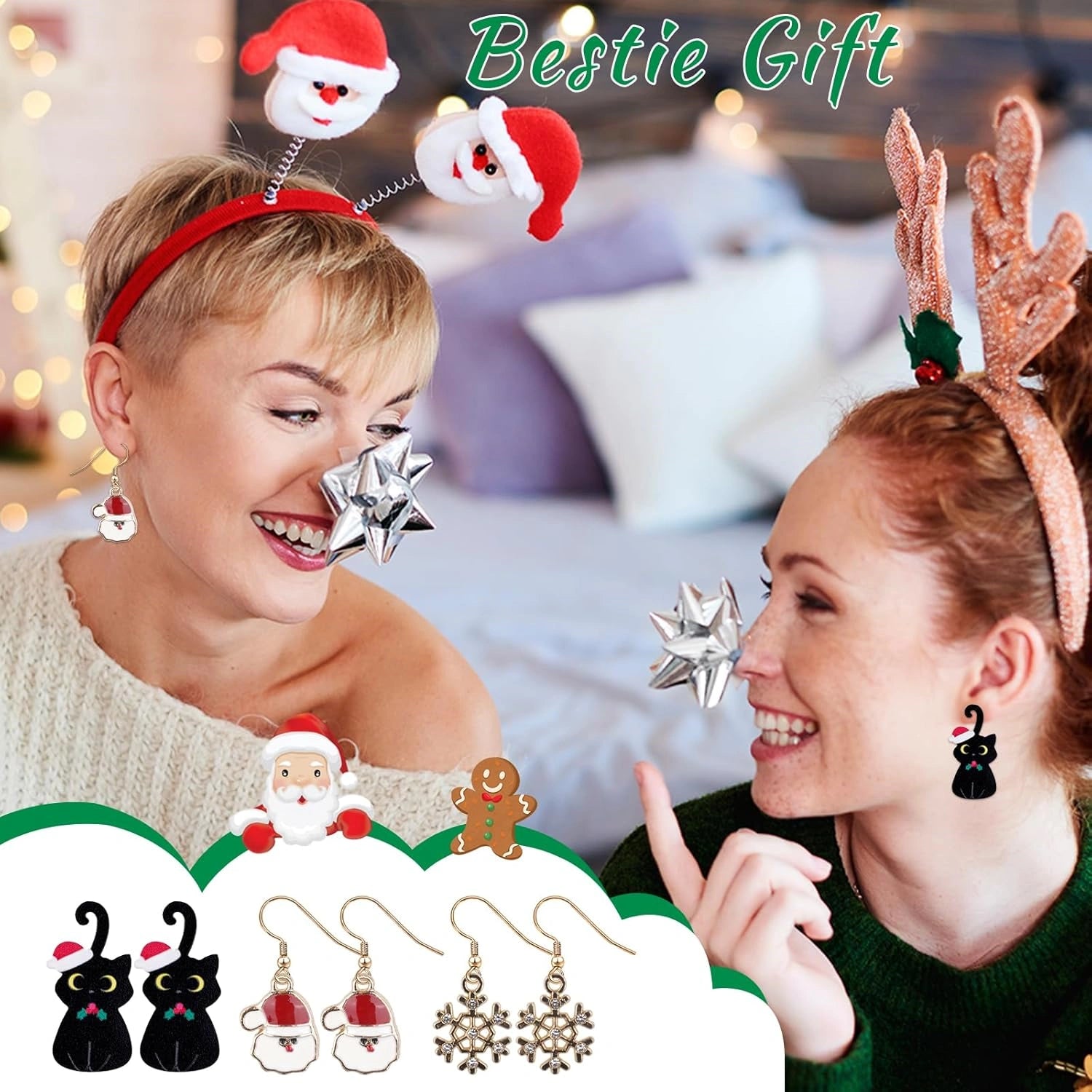 Model wearing the medium-sized Christmas tree earrings, demonstrating how the proportions fit comfortably and add festive flair.