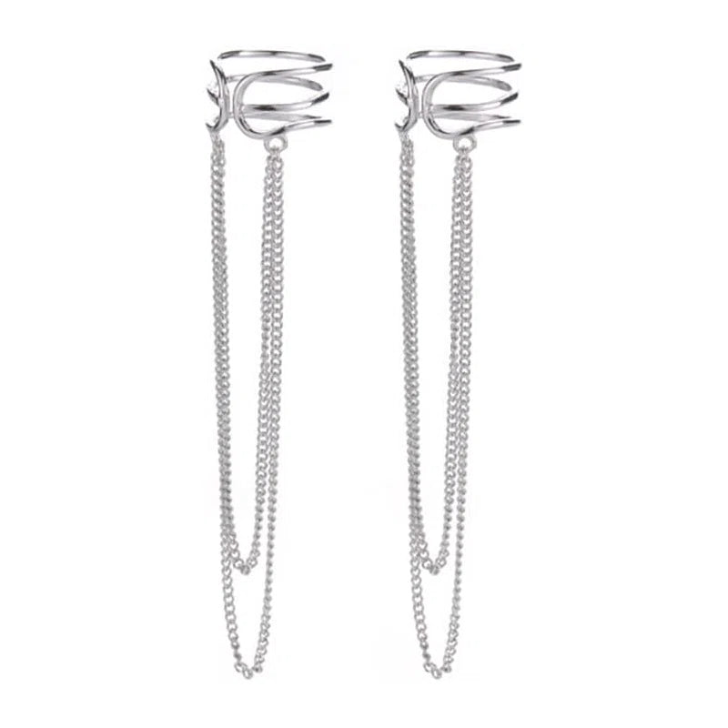 925 Sterling Silver No Piercing Cuff Earrings Chain Wrap Earrings Tassel Clip On Ear - QIAO CrystalQIAO CrystalQIAO Crystal