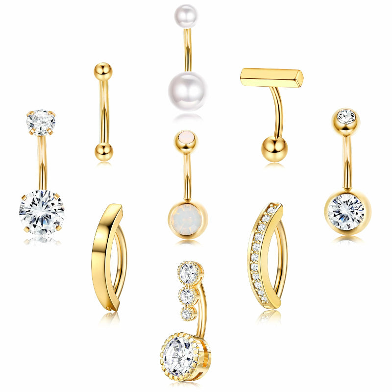 9 Pcs Belly Button Ring Surgical Stainless Steel CZ Belly Rings Clicker Belly Piercing