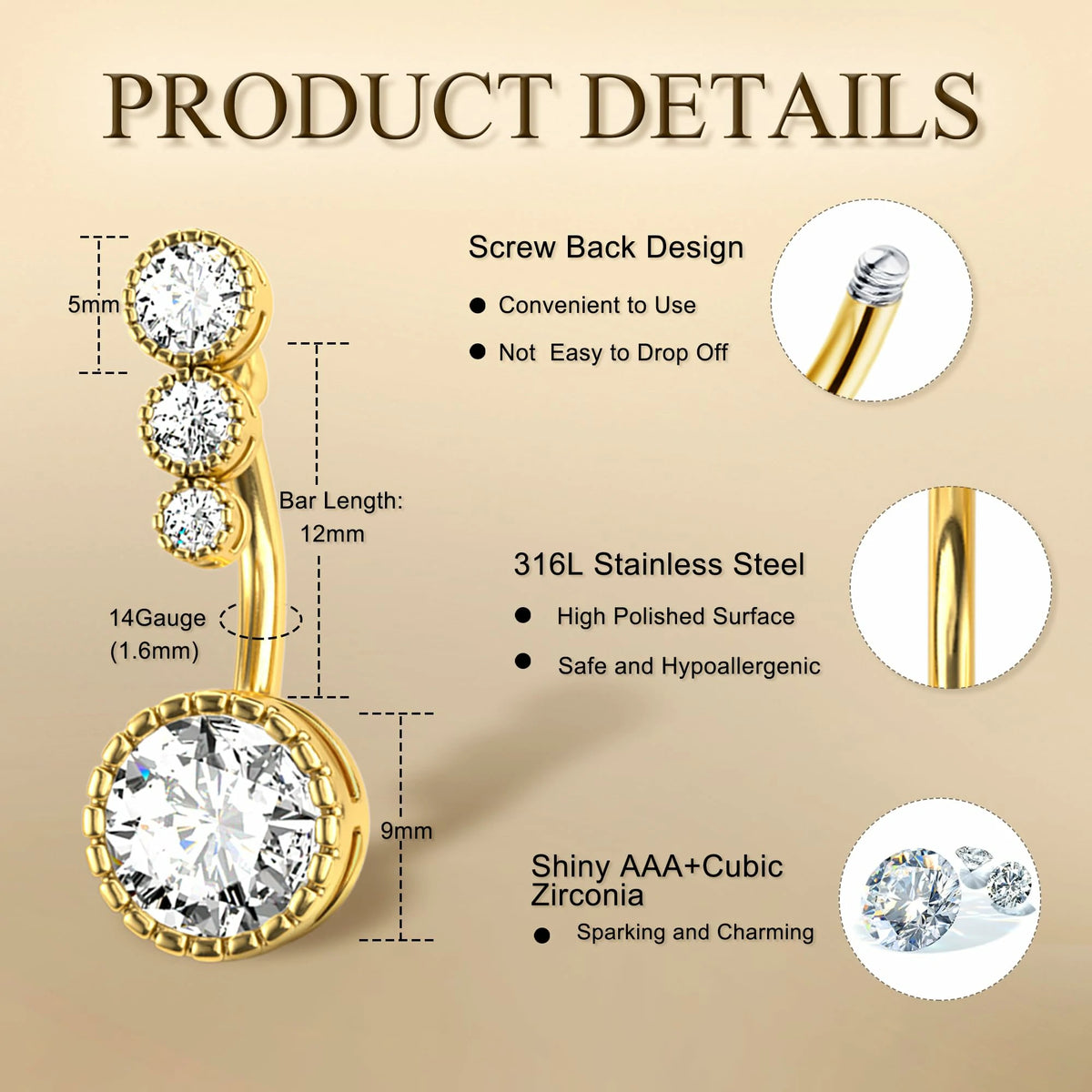 9 Pcs Belly Button Ring Surgical Stainless Steel CZ Belly Rings Clicker Belly Piercing