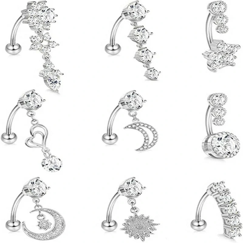 9Pcs 14G Stainless Steel Dangle Belly Rings for Women Reverse Navel Rings Curved Barbell